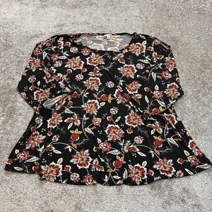 Cato Plus Top Blouse Shirt Womens 26/28W Black Floral Long Ladder Sleeve Soft